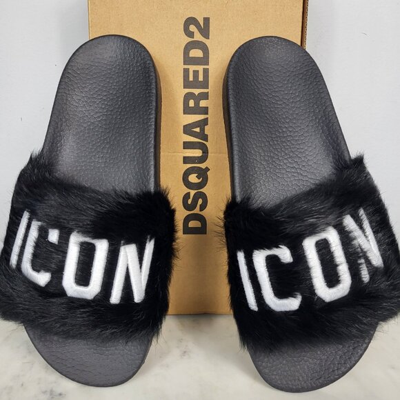 NWB~$825~DSQUARED2~8/8.5~ICON BLACK WHITE GENUINE RABBIT FUR SANDALS SLIDES - Picture 16 of 16